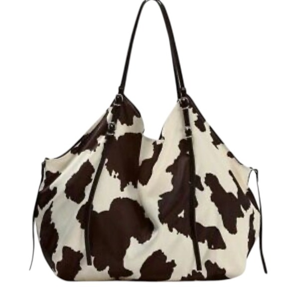 Zara Handbags - ZARA Satin Effect Shopper Bag in cream and brown cow print pattern w inner bag.
